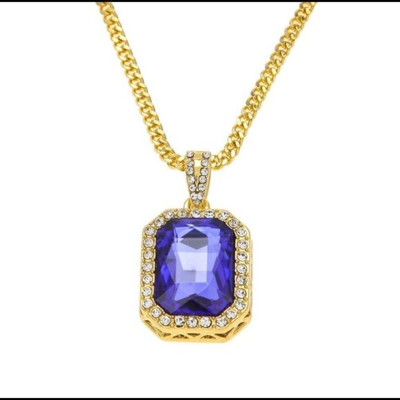 💝18k Gold 2 Necklaces Blue Sapphire Gemstone and Iced Out Gold Cross Pendant - Picture 3 of 5